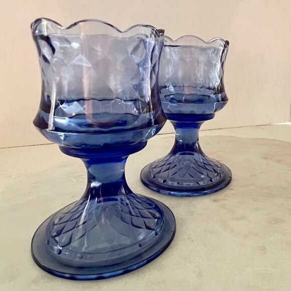 Vtg 2 Fenton Blue Pedestal Glass Candle Holders Diamond Optic Scalloped Rim - Picture 12 of 12